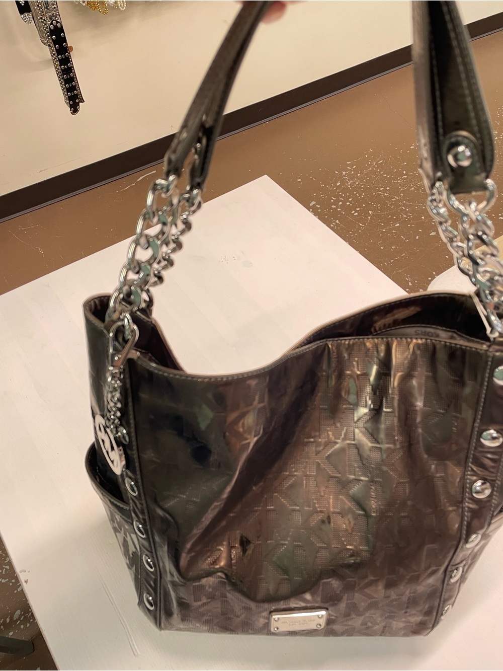 Michael Kors Metallic MK Logo Patent Tote Shoulder Bag Silver Bronze Glam - Picture 5 of 6